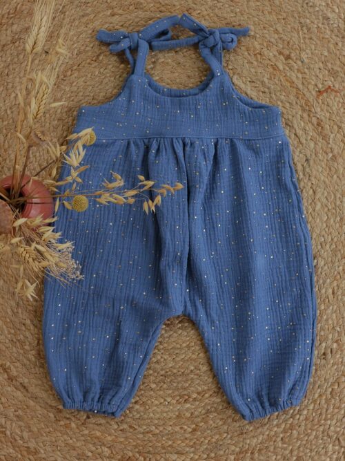 jumpsuit strikjes blauw gouden bolletjes jumpsuit strikjes blauw gouden bolletjes