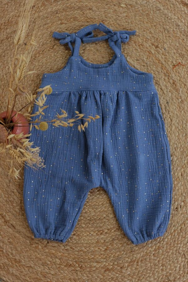 jumpsuit strikjes blauw gouden bolletjes jumpsuit strikjes blauw gouden bolletjes